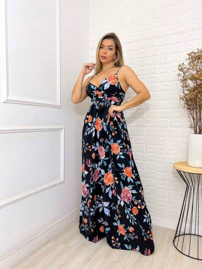 Vestido Feminino Longo Floral Alcinha ajustável