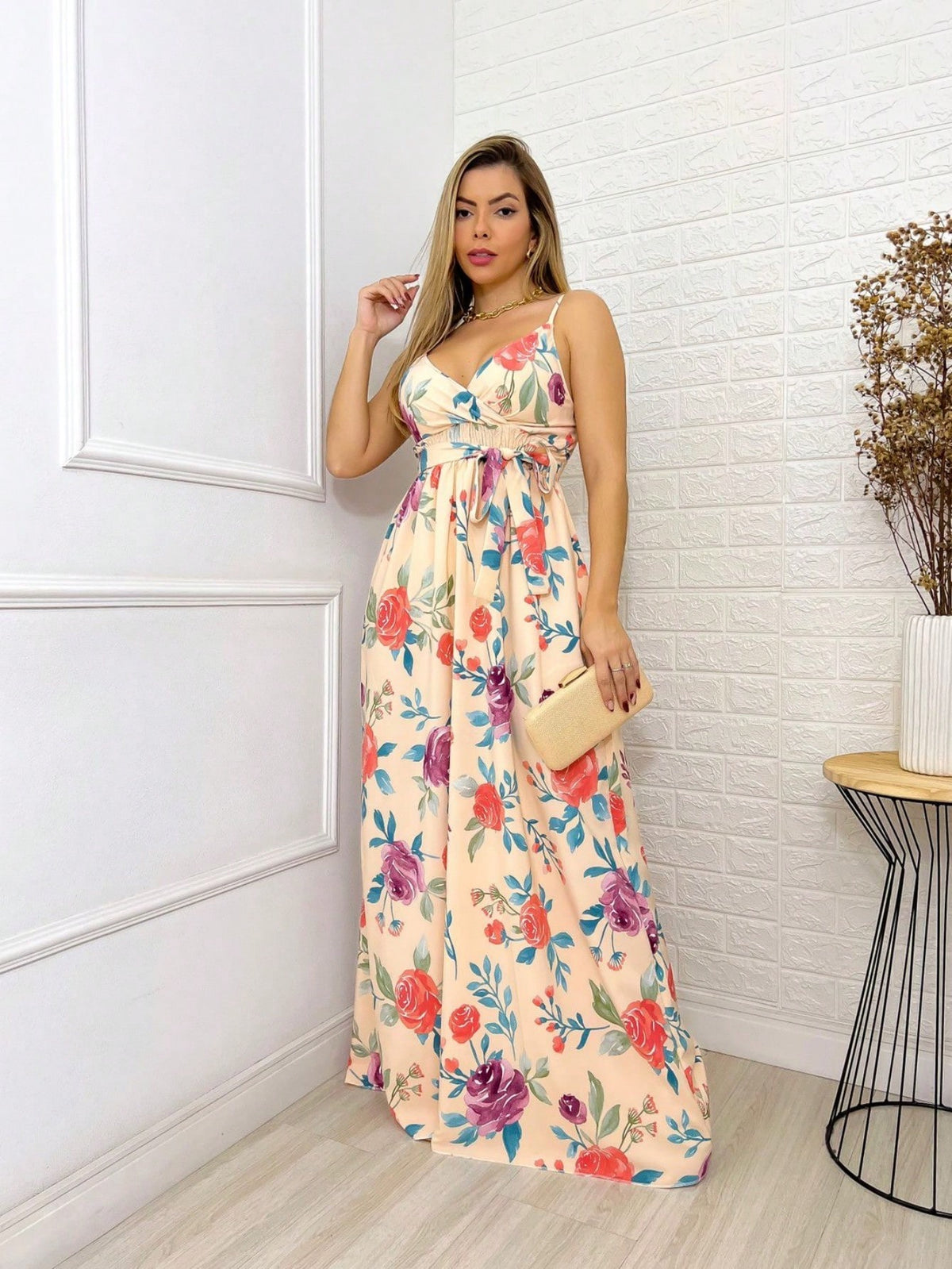 Vestido Feminino Longo Floral Alcinha ajustável